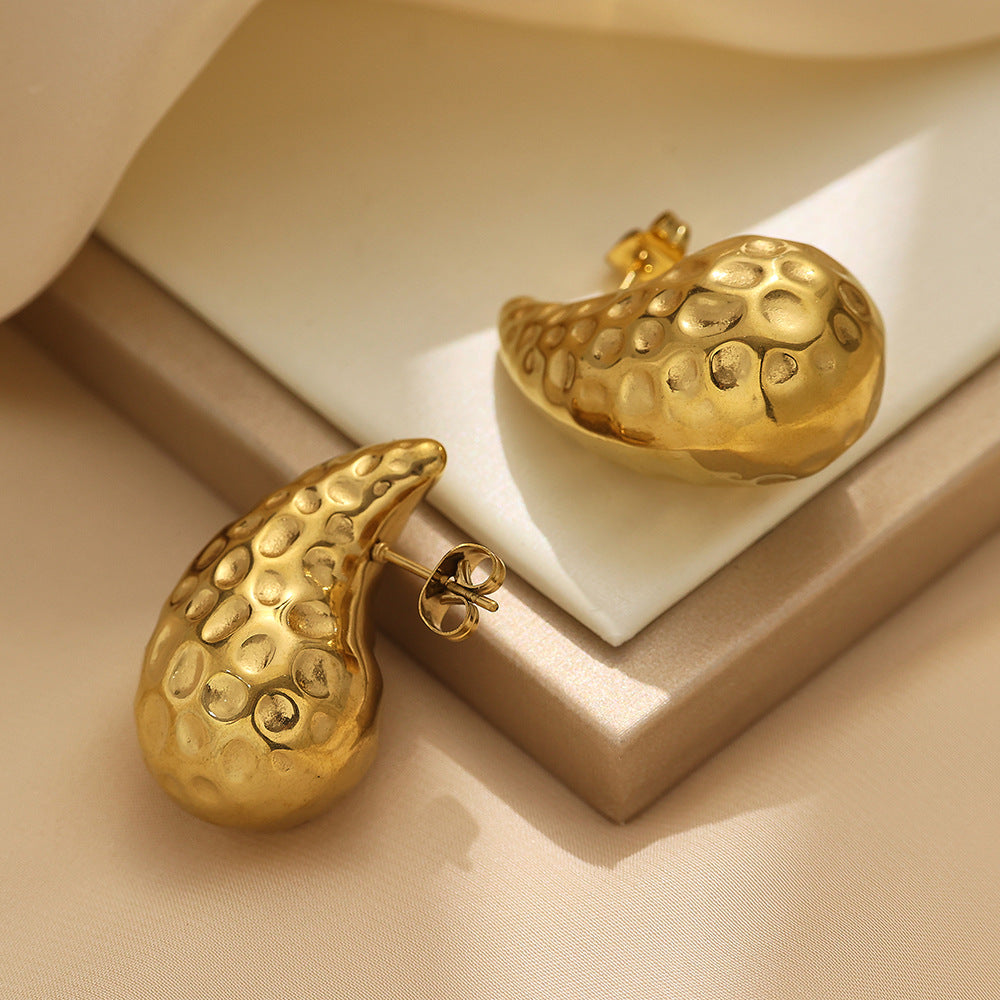 Wholesale Stainless Steel Electroplated Stripes Gold Glossy Water Drop Earrings