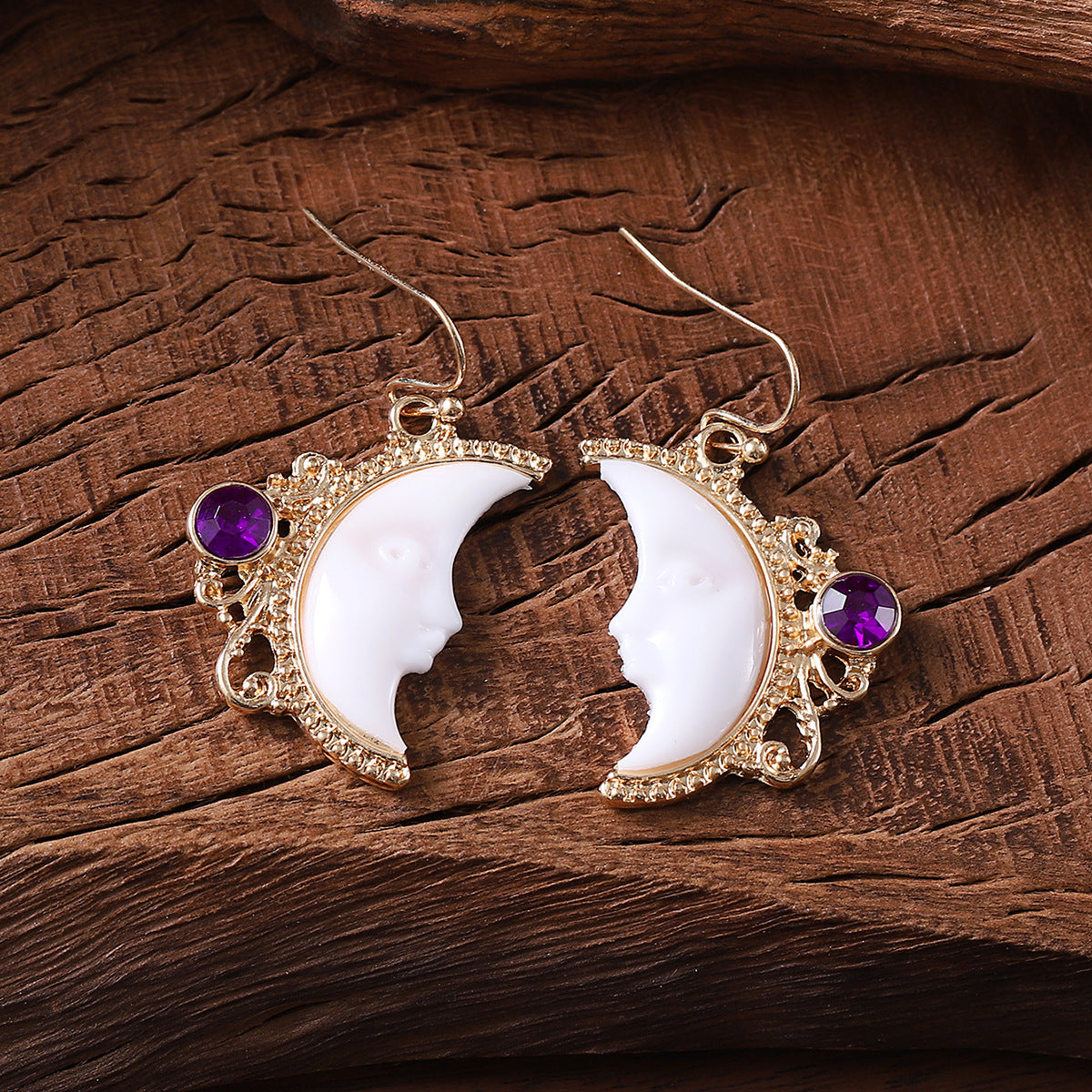 Wholesale Bohemian Moon Goddess Face Inlaid Gemstone Earrings
