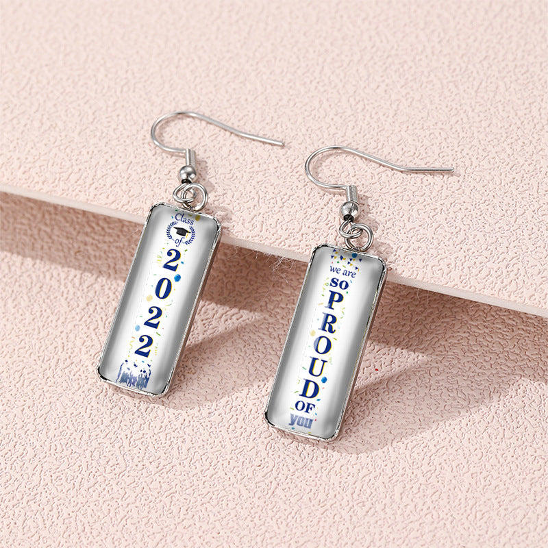 Wholesale graduation season letters school Carnival rectangular pendant glass earrings