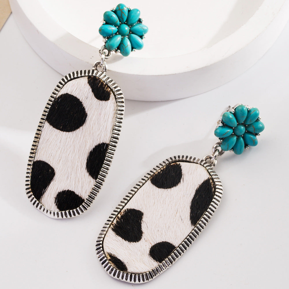 Wholesale Bohemian ethnic style turquoise milk grain leather diamond hollow earrings