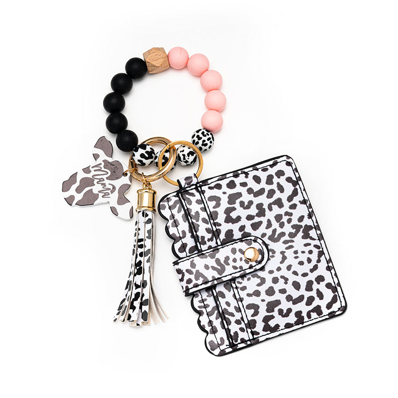Wholesale Leopard Print Card Holder Silicone Beaded Wrist Keychain