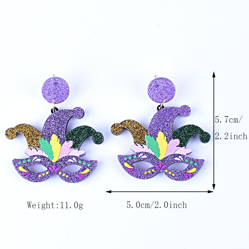 Wholesale Carnival earrings purple green yellow five-pointed star Crown Clown mask lobster earrings