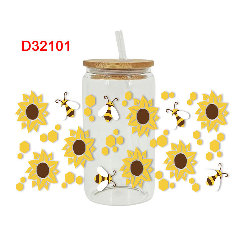 Wholesale Colorful bee flowers 16oz Cup UV DTF Wraps