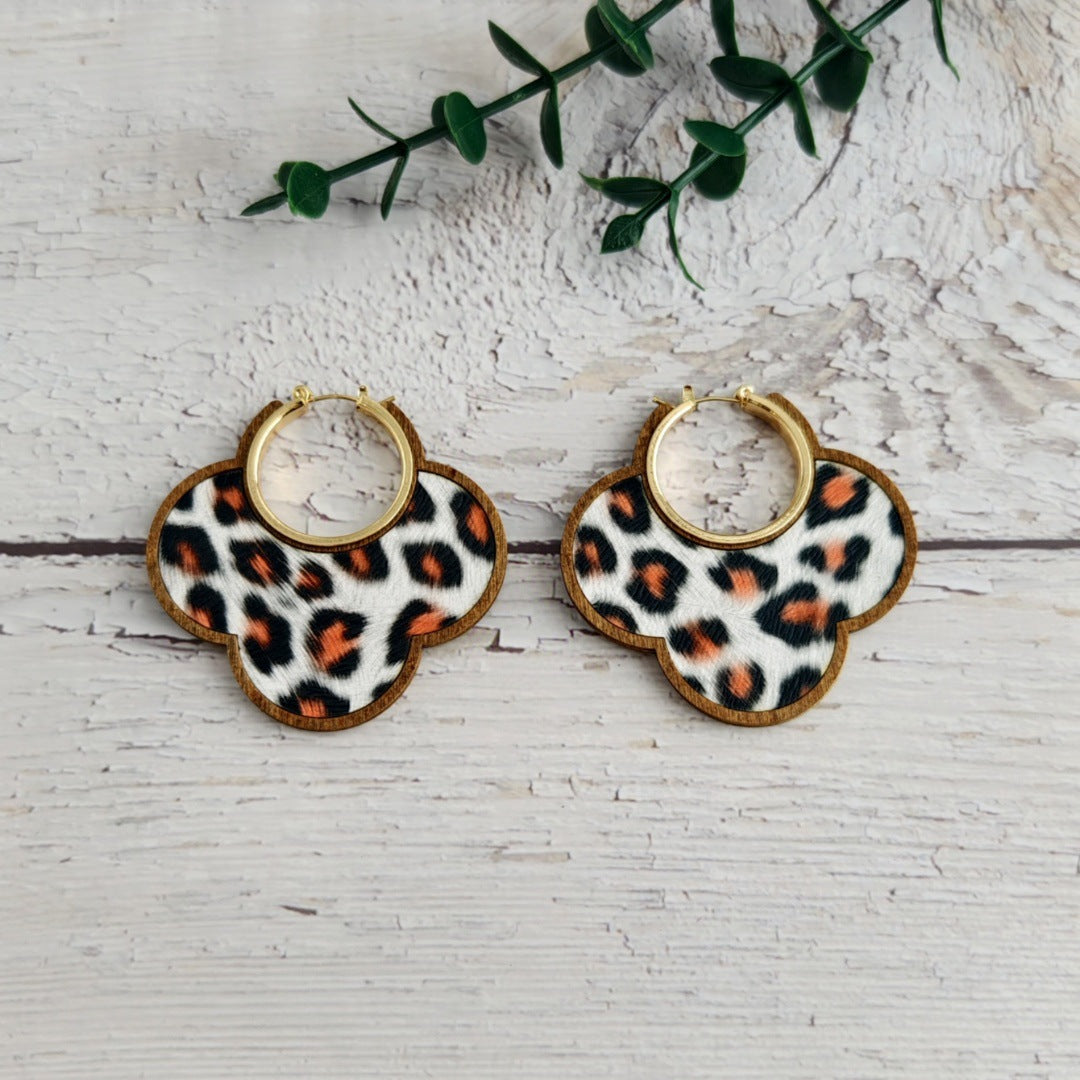 Wholesale Wooden Cut Double-layer Skin Leopard Print Exaggerated Retro Personality Grape String Earrings