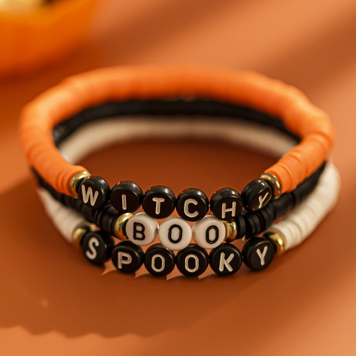 Wholesale Halloween Soft Clay Elastic Dark Style Pumpkin Head Letter Bracelet