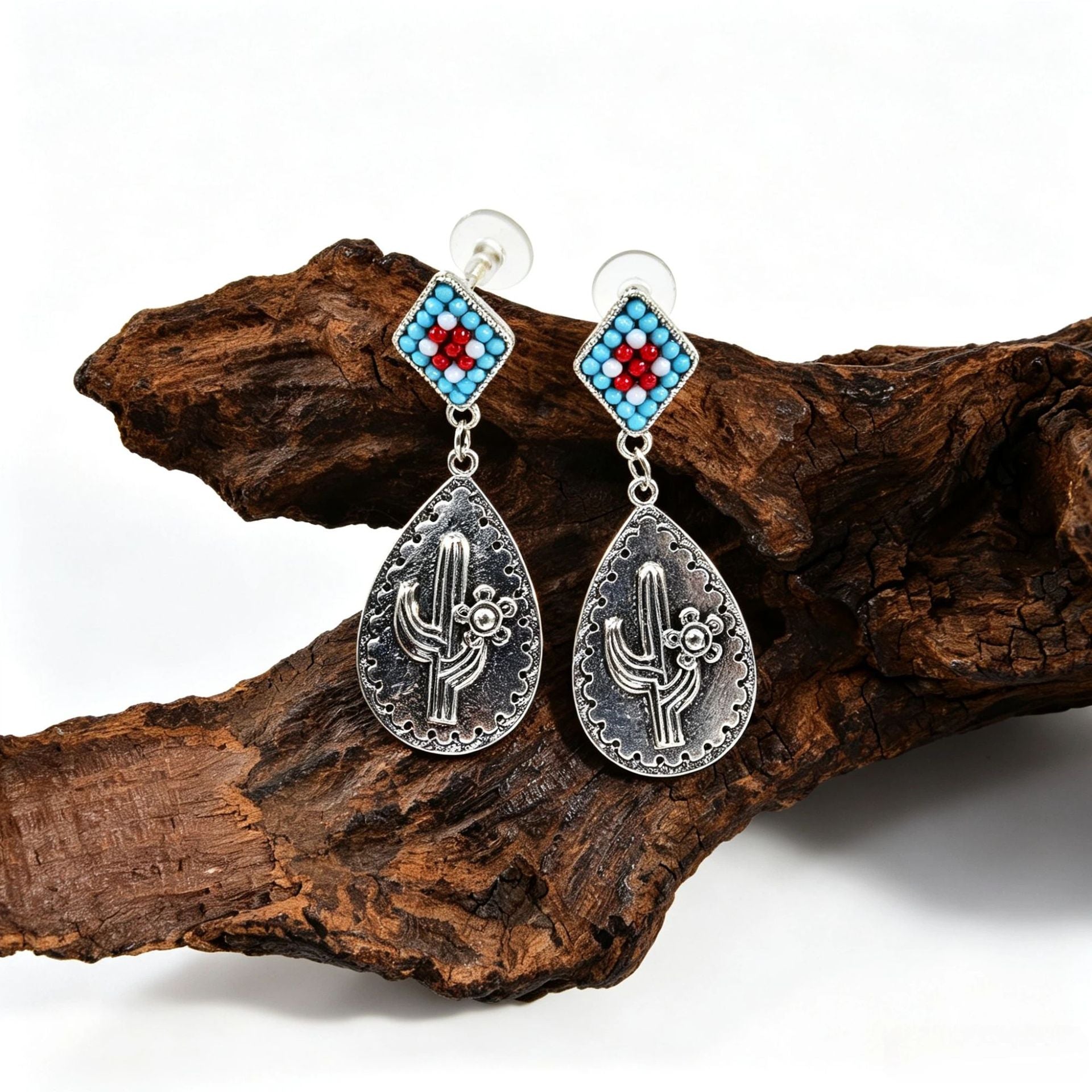 Wholesale Retro Turquoise Cactus Drop Earrings For Women Ethnic Style Distressed Alloy Earrings Party Fashion Jewelry Accessory Gift