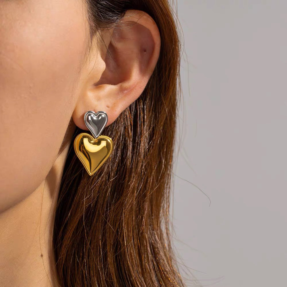 Wholesale Gold and silver contrasting pendant heart-shaped titanium steel earrings