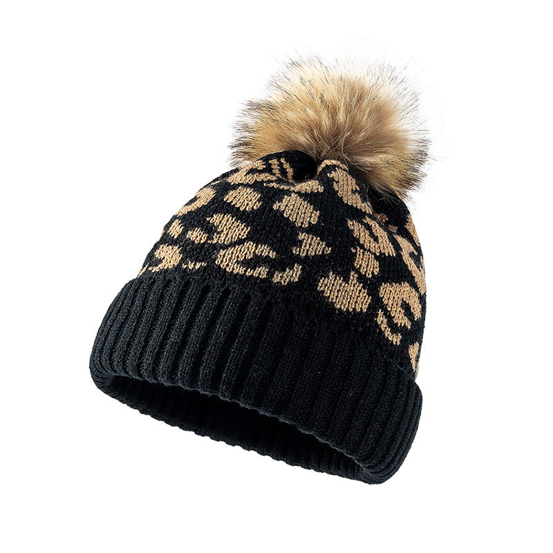 Wholesale Leopard Print Curled Fur Ball Knitted Warm Thickened Hat