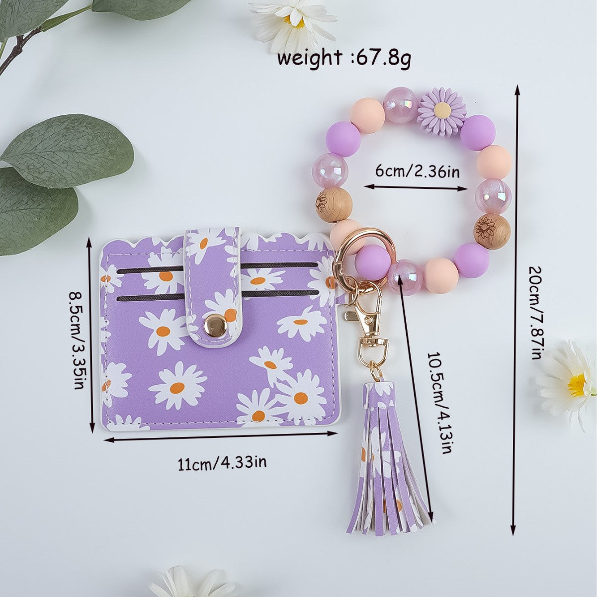 Wholesale Cute  Print Beaded Bracelet Keychain PU Leather Tassel Card Holder Pendant