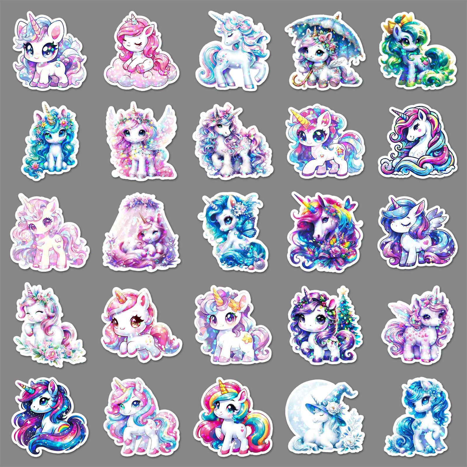 Wholesale 50pcs/ pack Glitter Laser Rainbow Horse Unicorn Stickers