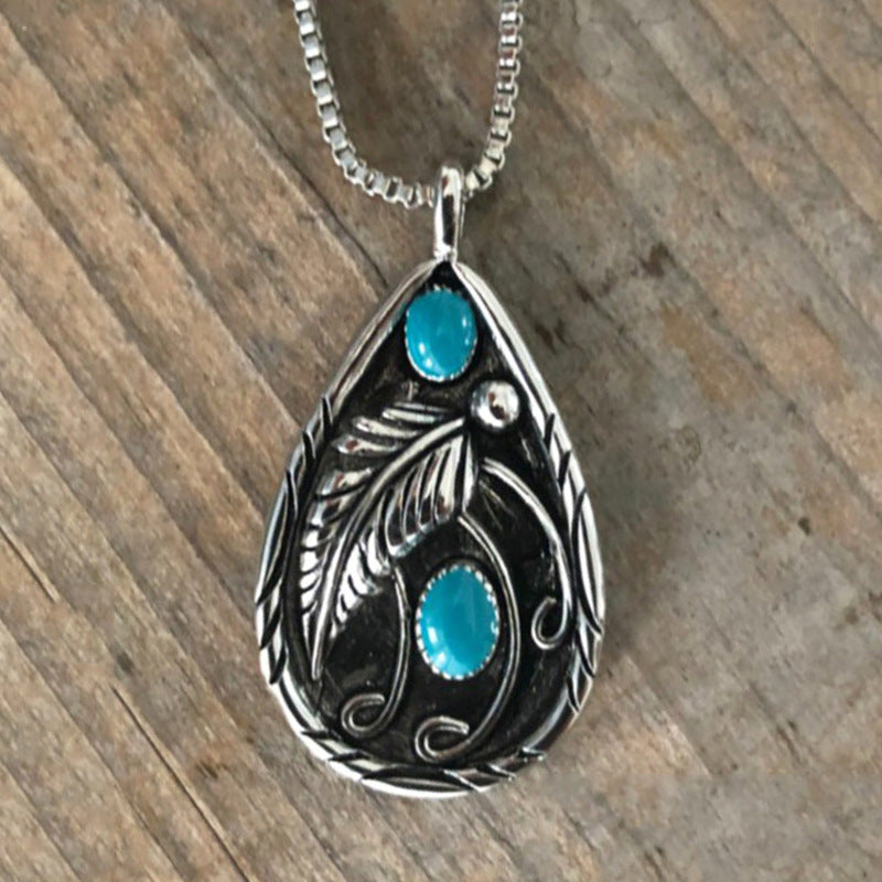 Wholesale Bohemian Vintage Turquoise Feather Pendant Necklace