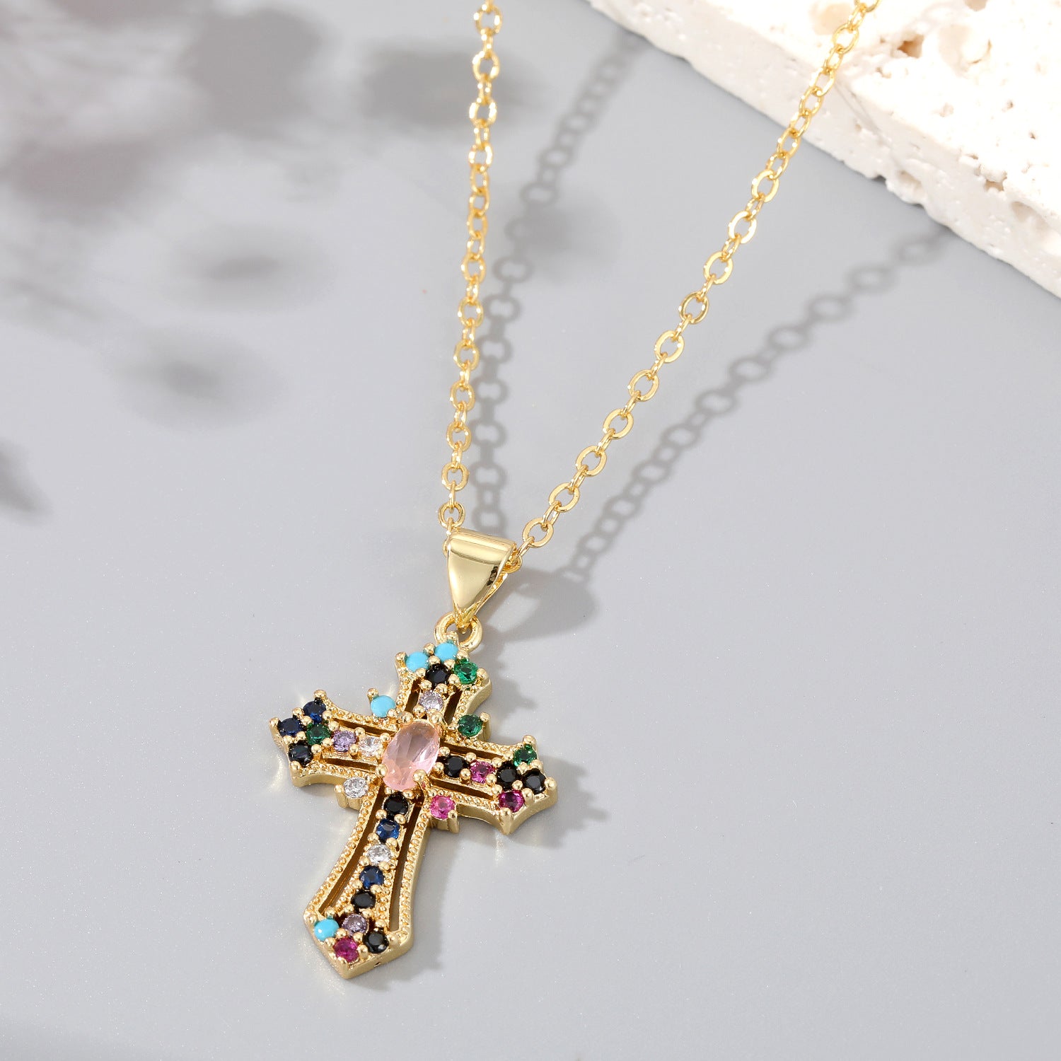 Wholesale Cross Hollow Color Zircon Alloy Necklaces