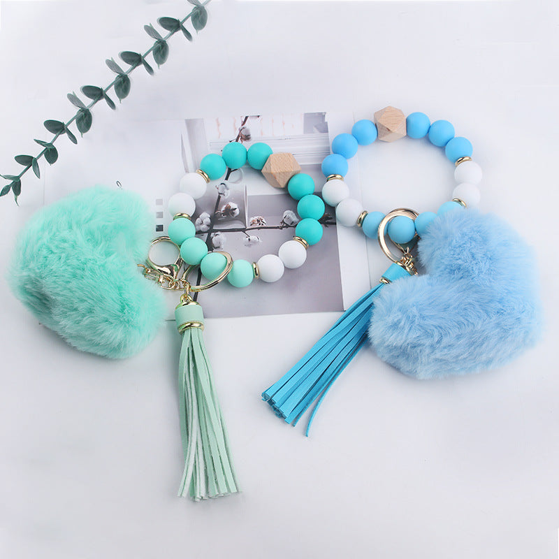 Wholesale Heart Shape Fur Ball Tassel Silicone Beaded Wrist Keychain