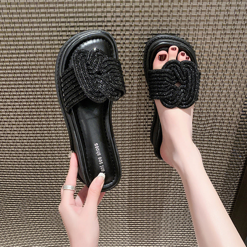 Wholesale French Style Thick-soled Outerwear Fashionable Rhinestone Heightened Wedge Sandals