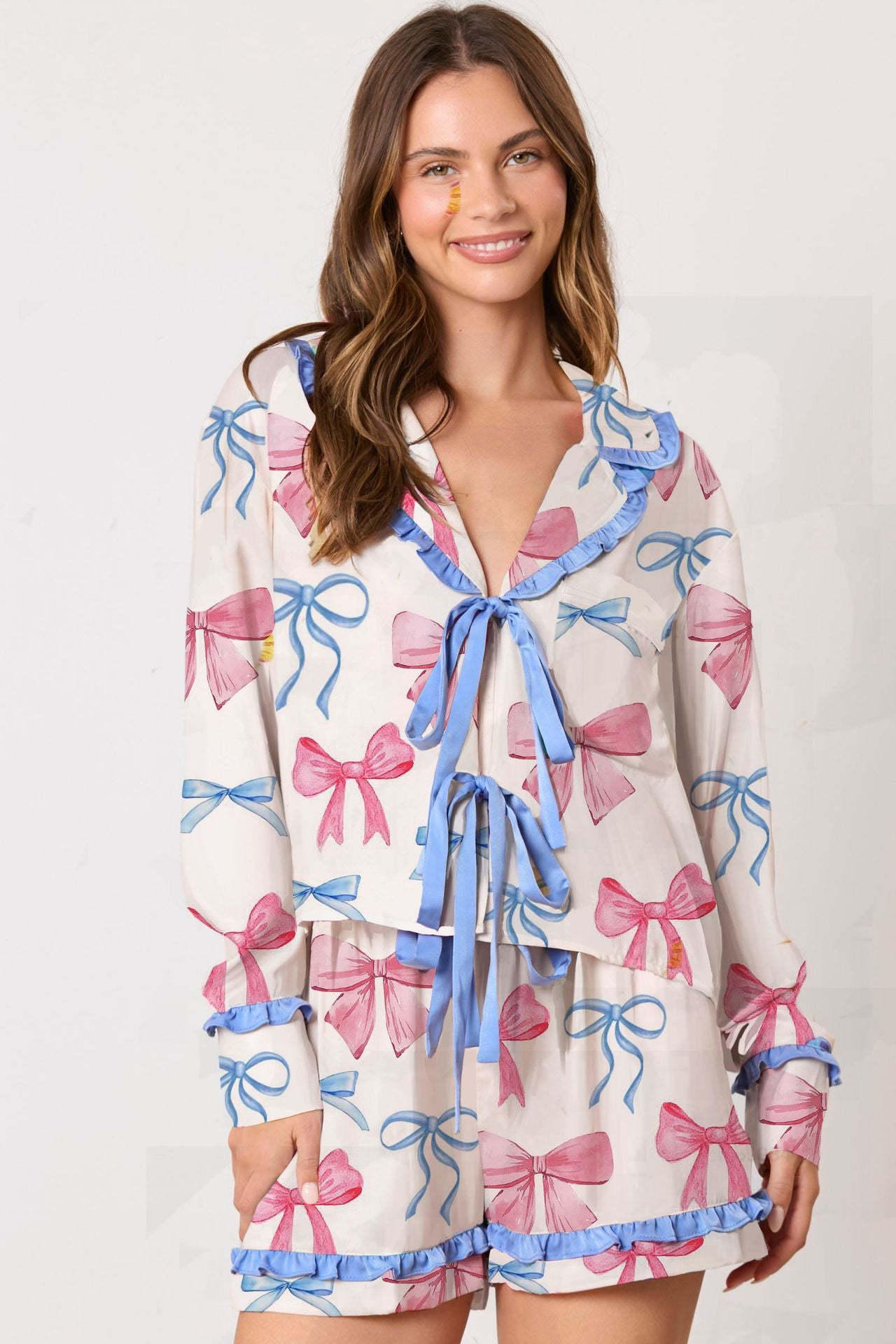 Wholesale Thin Print Valentine's Day Ruffle Long Sleeve Two-Piece Pajama Casual Set