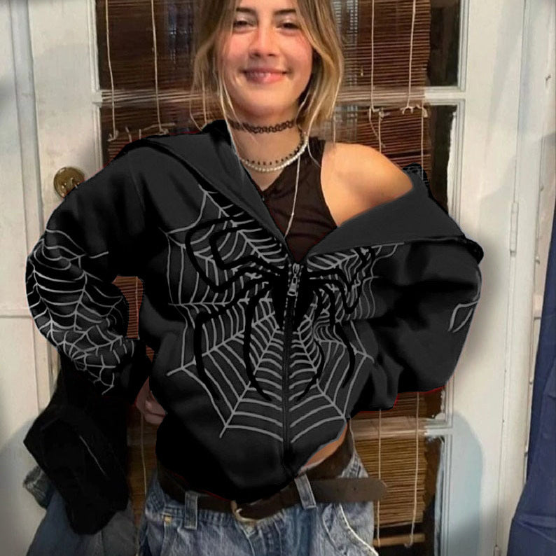 Wholesale Polyester Spider Web Zipper Sweater Casual Hoodie Spring and Autumn Fleece American Coat Top