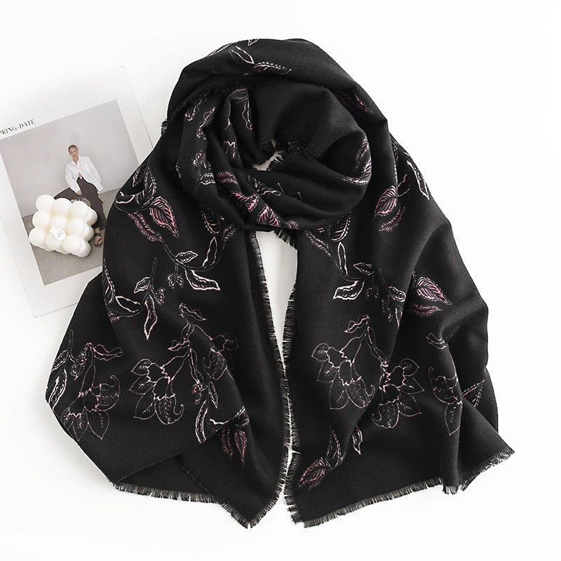 Wholesale Winter Black Imitation Cashmere Vintage Printed Tassel Floral Scarf