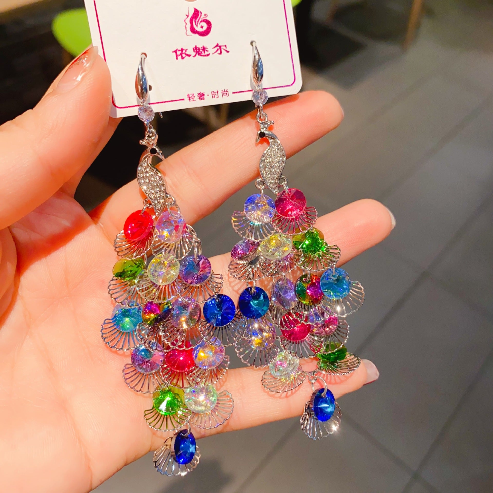 Wholesale Vintage Geometric Rhombus Crystal Peacock Earrings