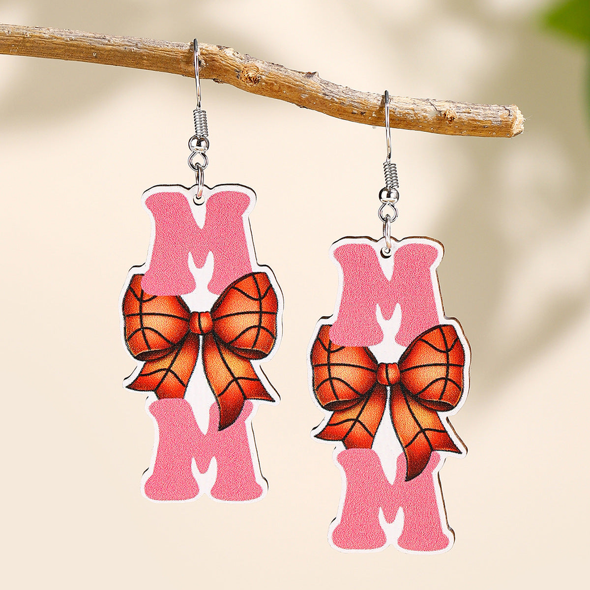 Wholesale Mother' s Day Wooden Earrings Sports Baseball Shiny Earrings Bow Jewelry