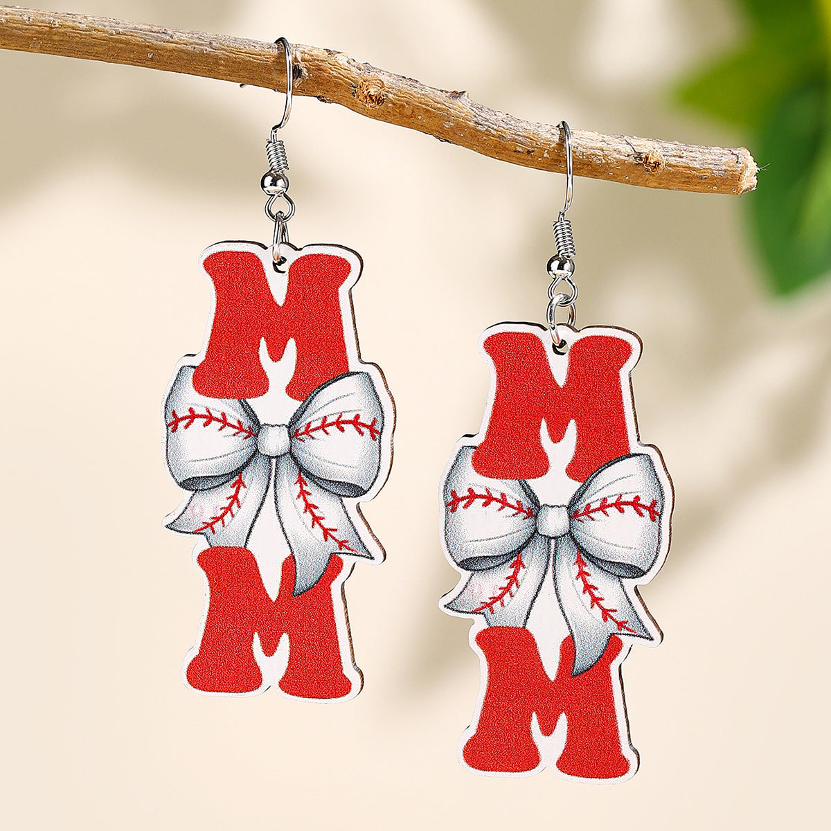 Wholesale Mother' s Day Wooden Earrings Sports Baseball Shiny Earrings Bow Jewelry