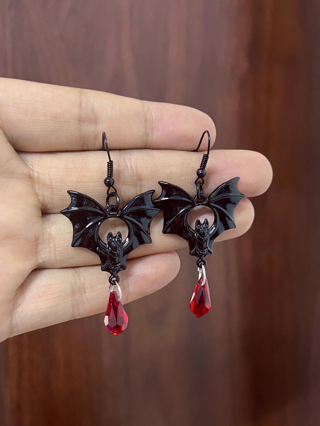 Wholesale Diablo Gothic Punk Style Black Bat Red Crystal Earrings Ladies Halloween