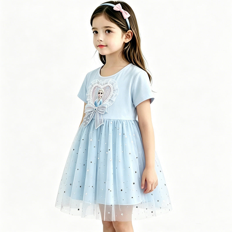 Wholesale Trendy Girls Summer Princess Dress Pink Short Sleeve Star Mesh Tulle Party Wear OLY Exclusive
