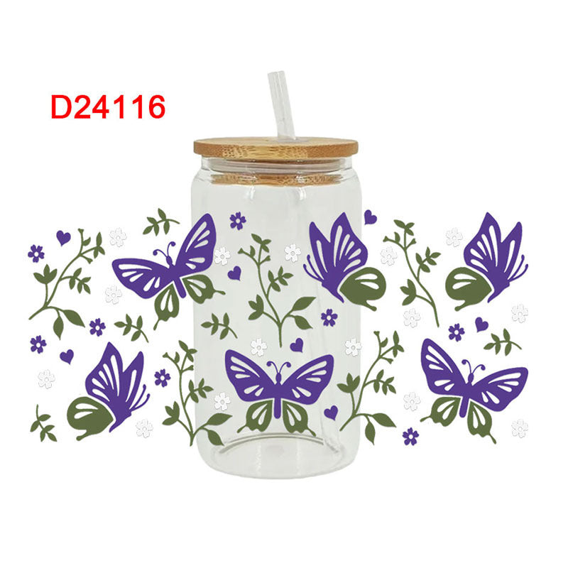 Wholesale Colorful Butterfly Flowers 16oz Cup UV DTF Wraps