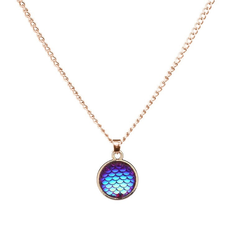 Wholesale Color Mermaid 16mm AB Fish Scale Time Gemstone Alloy Pendant Necklaces
