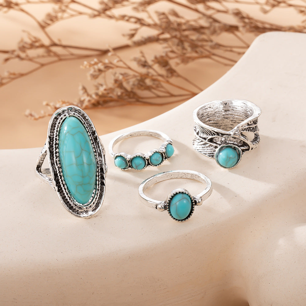 Wholesale Vintage Bohemian Feather Large Turquoise 4-Piece Ring Set