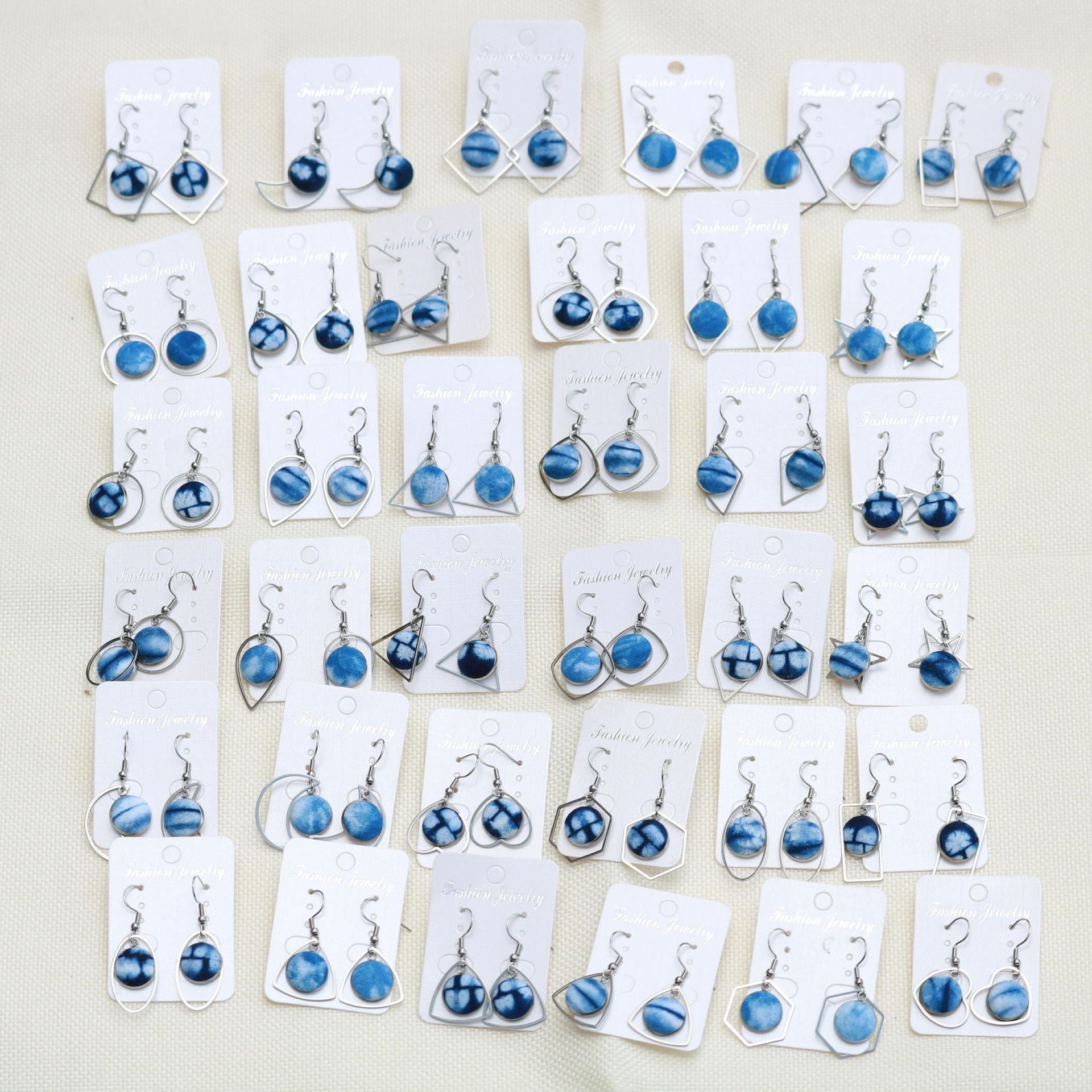 Wholesale Ethnic Style Earrings Tie-Dye Blue Dye Batik Hand-Woven Fabric Buckle Earrings Earrings