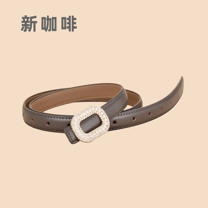 Wholesale Versatile Genuine Leather Belt with Round Buckle Inlaid with Pearls and Rhinestones