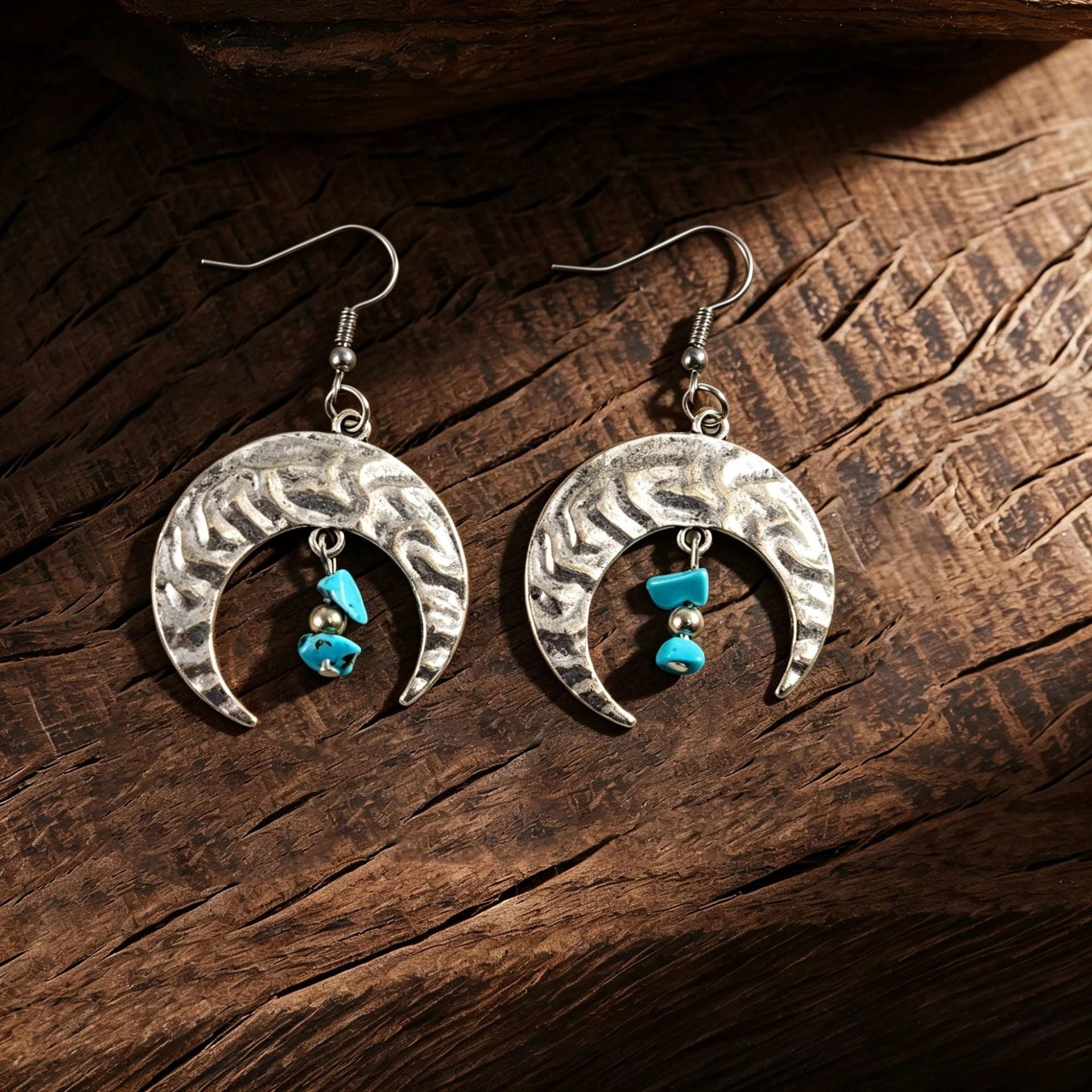 Wholesale Retro Bohemian Moon Drop Earrings For Women Turquoise Inlay Hollow Flower Zinc Alloy Everyday Wear