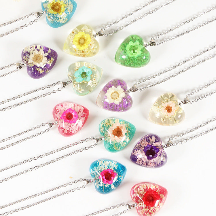 Wholesale 10pcs Small Star Flower Colorful Background Heart Shape Necklace