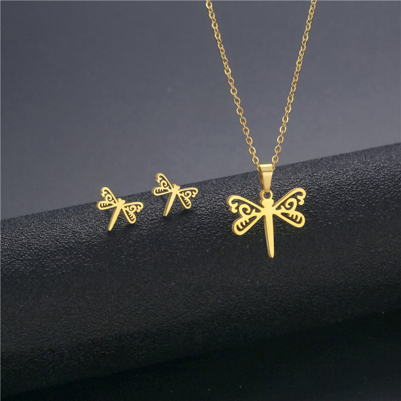 Wholesale Flower Dragonfly Stainless Steel Necklace Earrings Set
