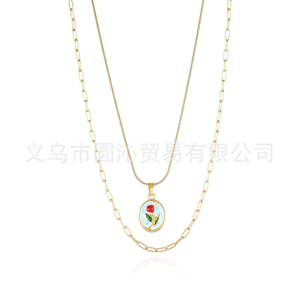 Wholesale Medieval Style Monet Oil Painting Flower Pendant Earrings Necklace Set