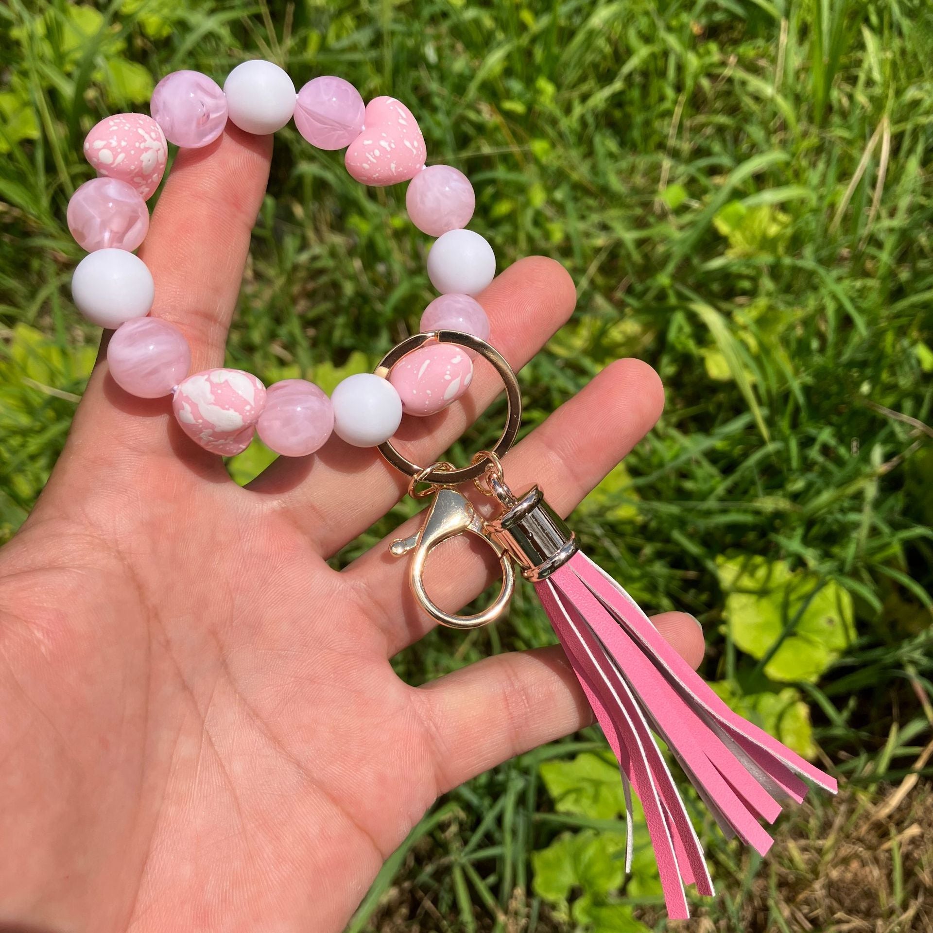 Wholesale Colorful Beaded Heart Printed Tassel Bracelet Keychain