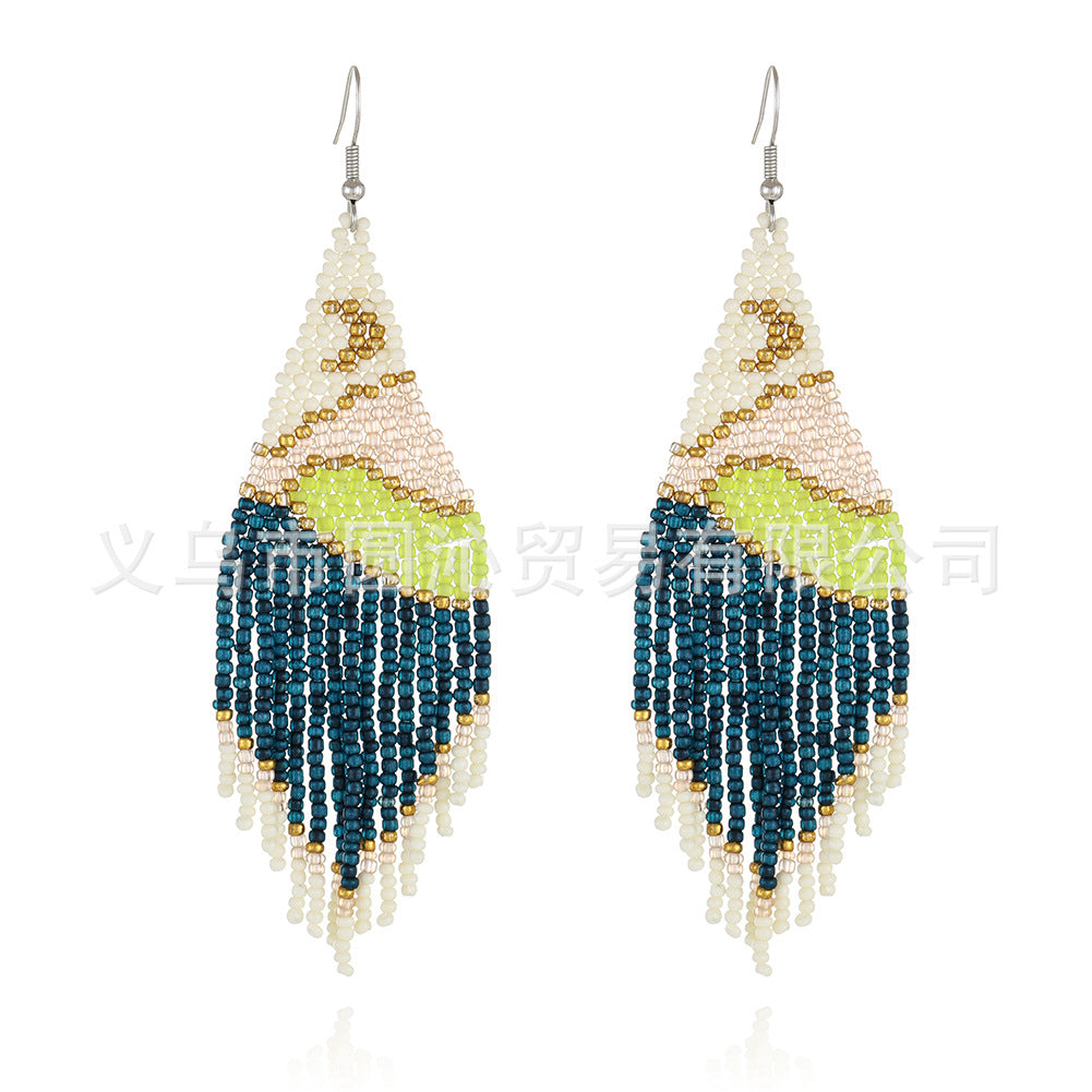 Wholesale Bohemian Handmade Tassels, Moon, Mountain and River Scenery, Rice Bead Earrings
