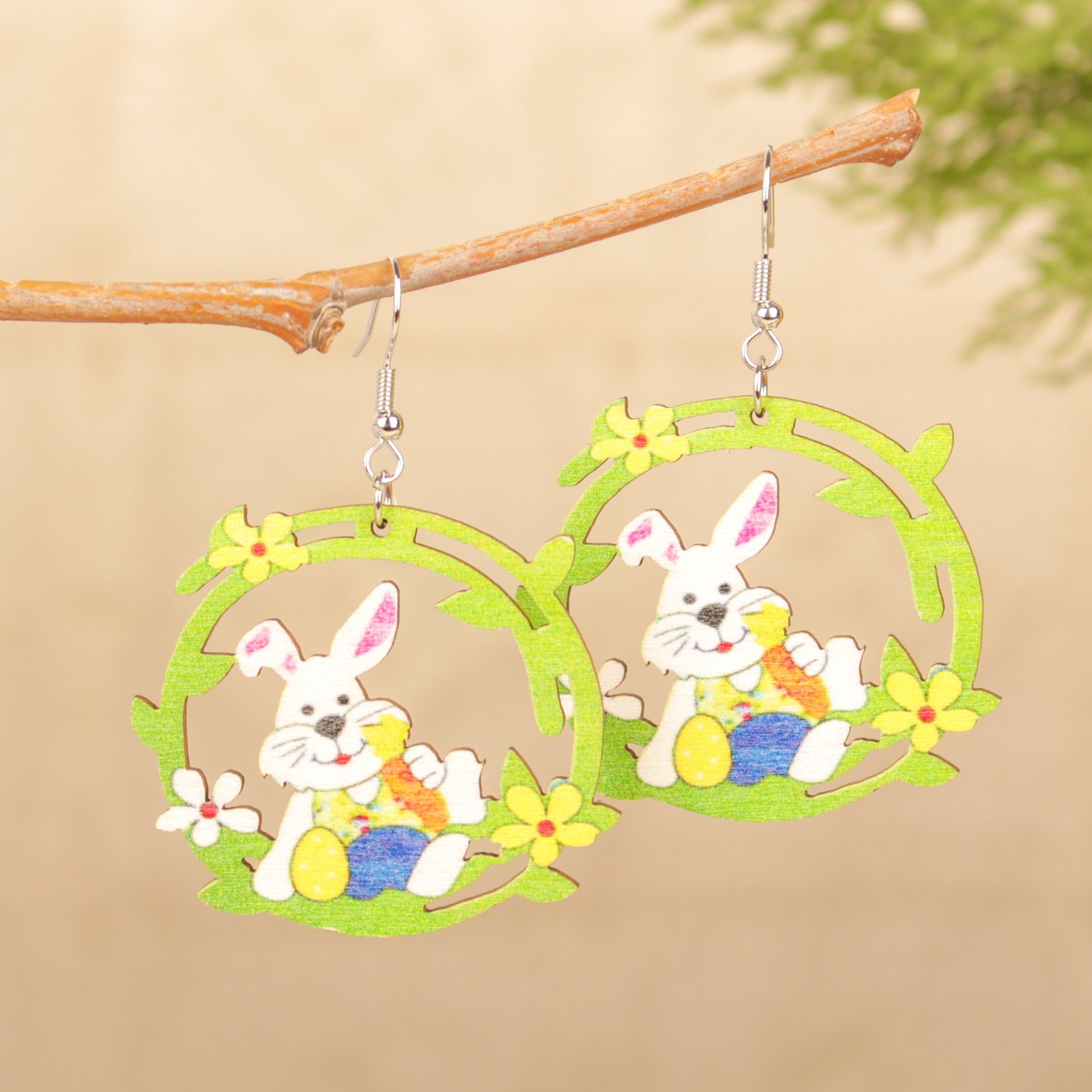 Wholesale Easter Rabbit Easter Egg Basket Splicing Wooden Earrings