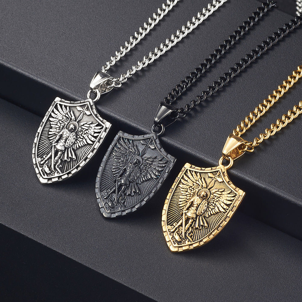 Wholesale Golden Stainless Steel Sword Wielding Warrior Angel Shield Men' s Necklace