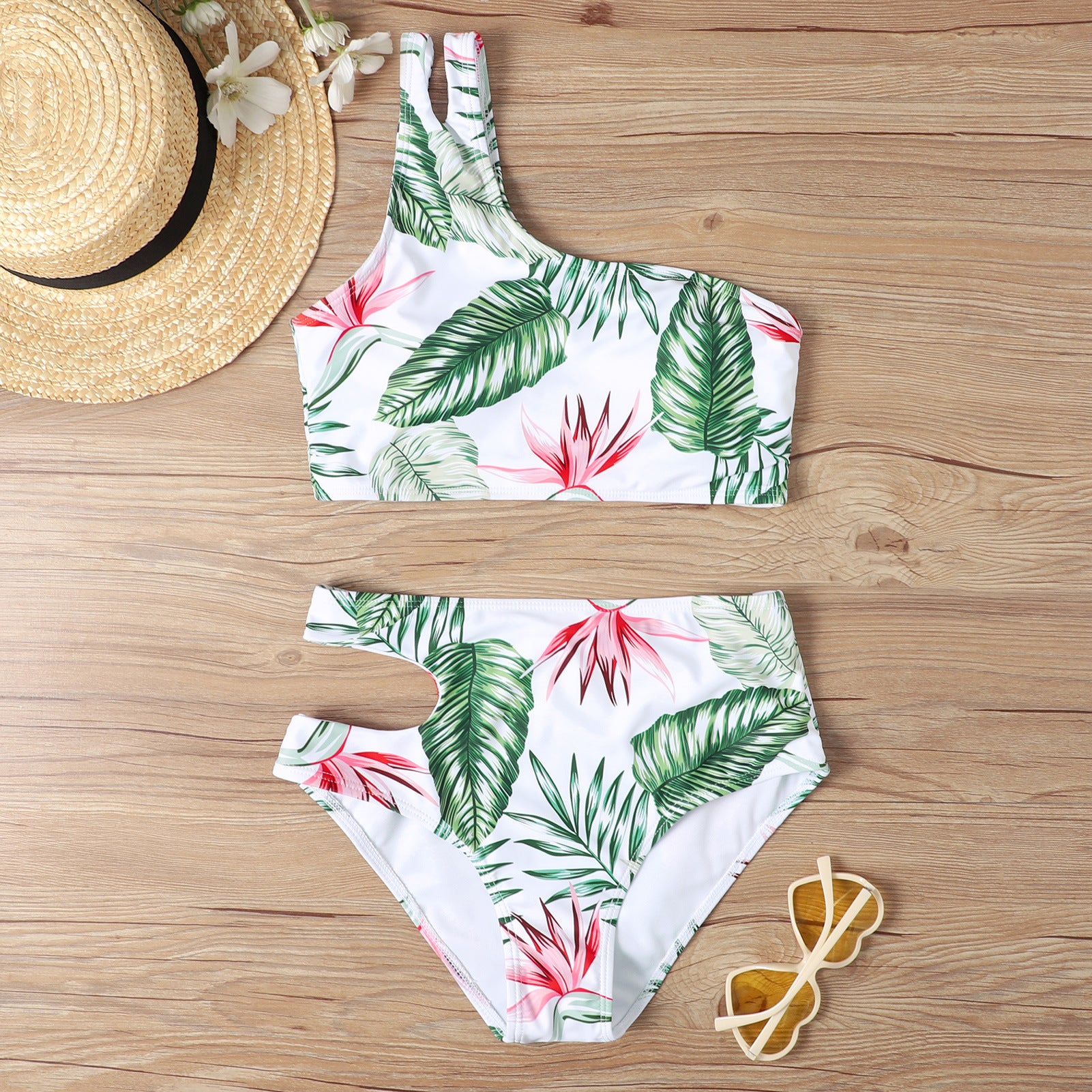 Wholesale Cow Pattern Leaf Print High Waist Bikini Tankini Swimsuit