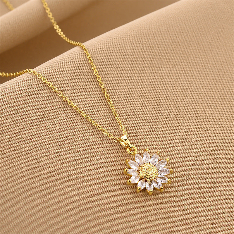 Wholesale Gold Zircon Sunflower Pendant Titanium Steel Necklaces