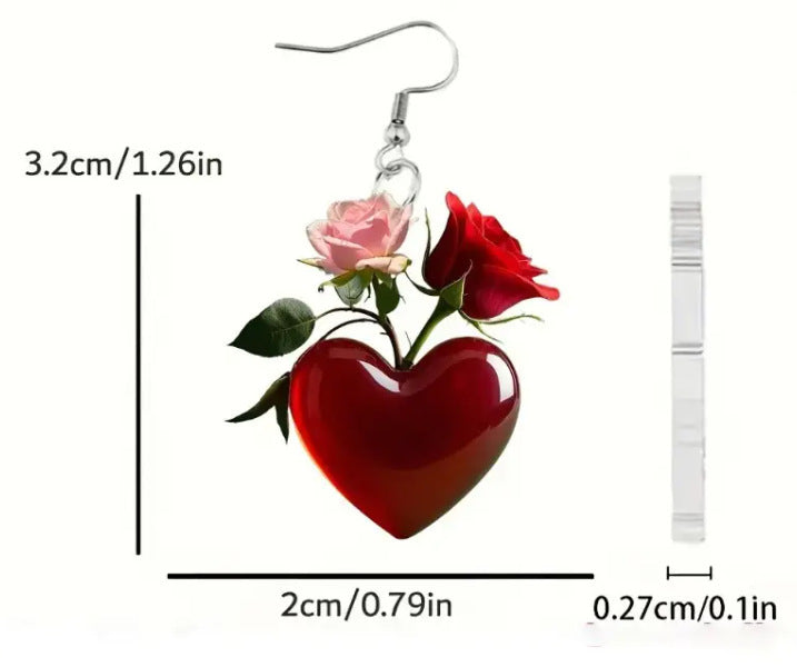 Wholesale Heart shaped Red Rose Valentine' s Day Acrylic Earrings
