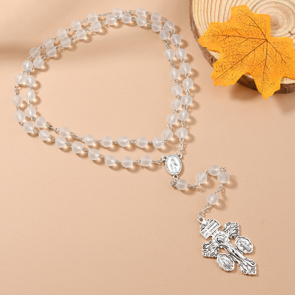 Wholesale 5pcs/pack 8mm matte glass beads cross rosary necklace