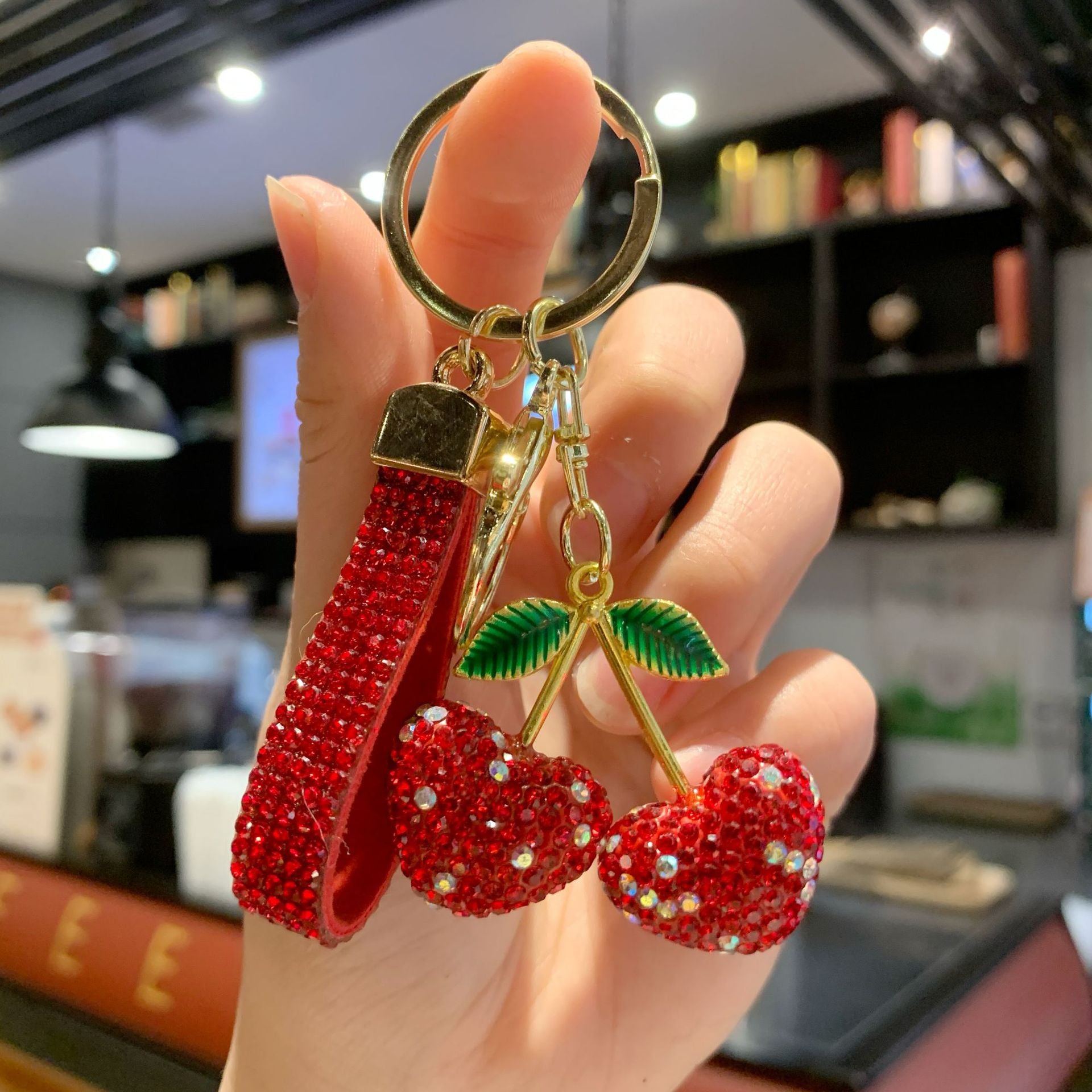 Wholesale Clay Full Rhinestone Heart Cherry Lanyard Keychain