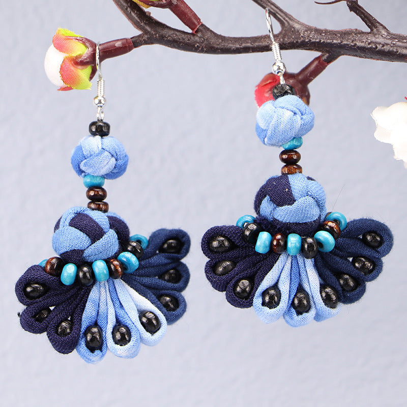 Wholesale Tie-dye blue dye earrings earrings ethnic style buckle flower blue earrings tie-dye earrings