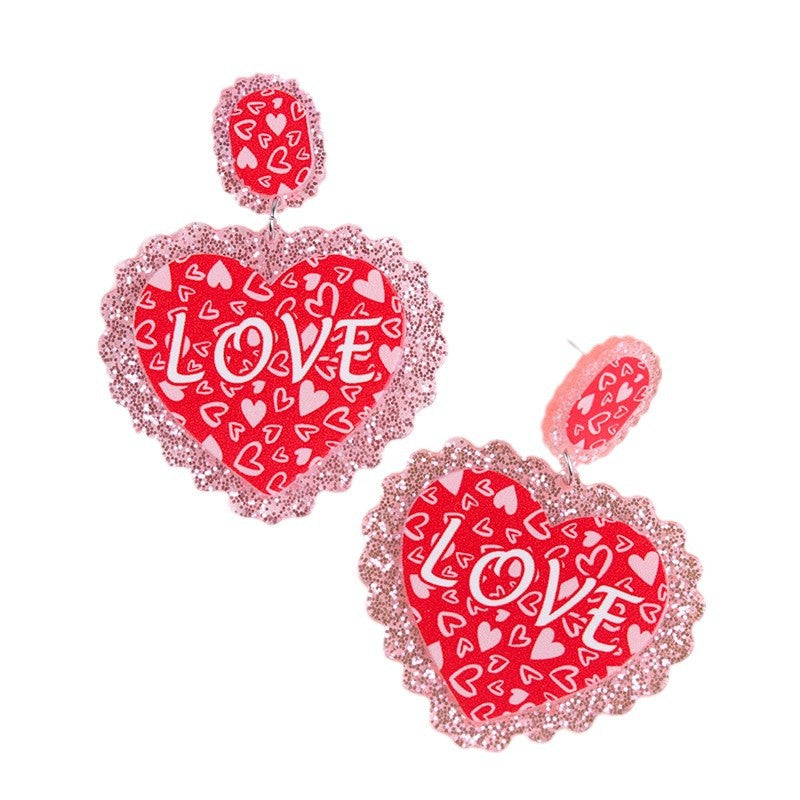 Wholesale Valentine' s Day Heart-shaped LOVE Acrylic Glitter Earrings