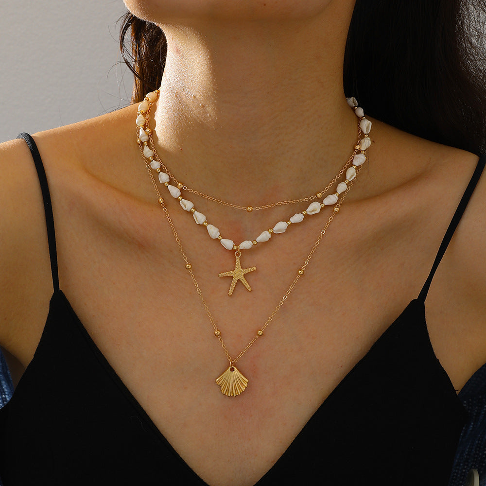 Wholesale Trendy Multi Layer Shell Starfish Necklace Beach Collarbone Chain Boutique Resale Jewelry Accessory