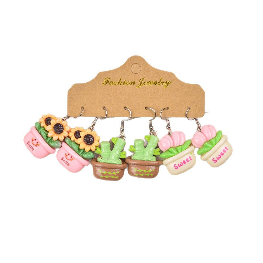 Wholesale Cute Expression Plant Flower Potted Plastic/Resin Earrings Set