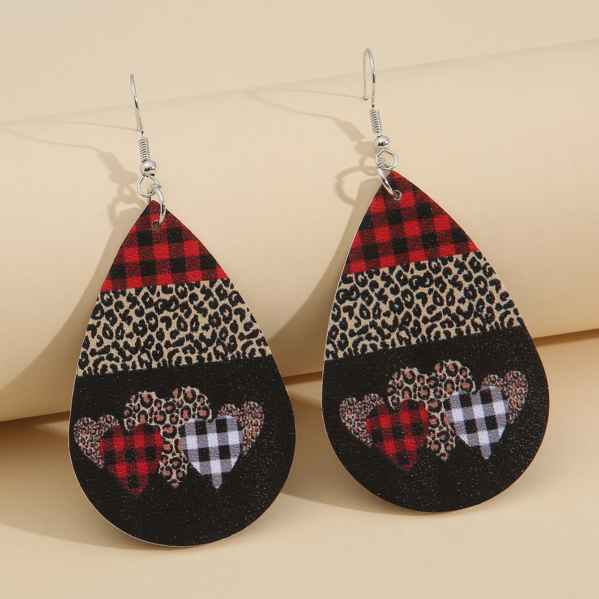Wholesale Valentine's Day Red Plaid Peach Heart Leopard Leather Drop Earrings