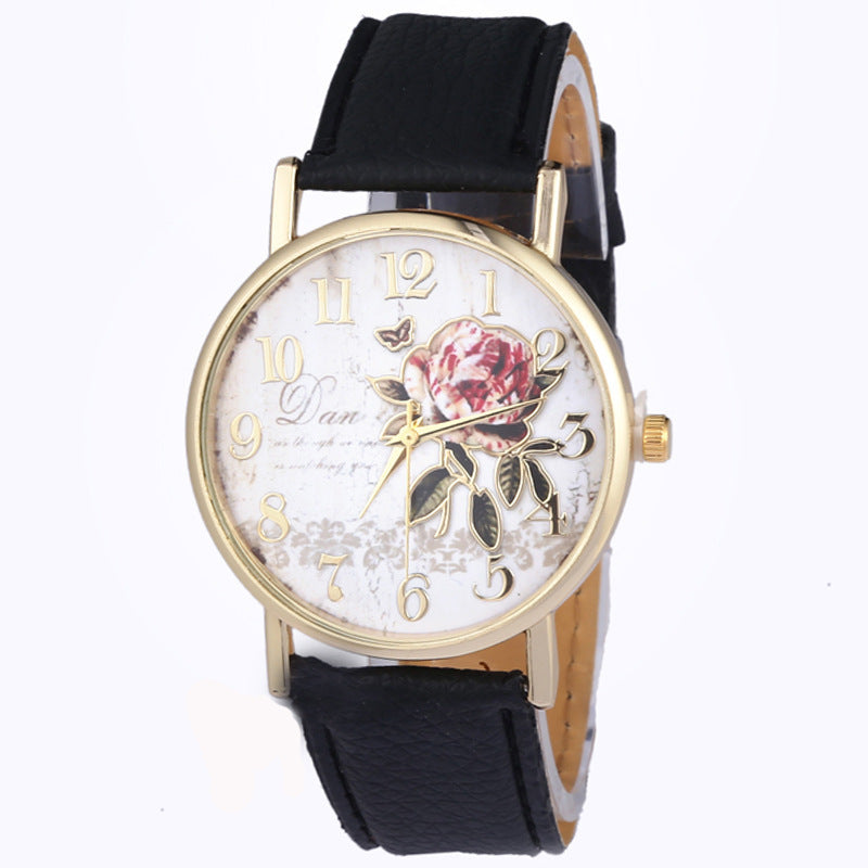 Wholesale Glass Mirror Imitation Leather Strap Rose Pattern Watch